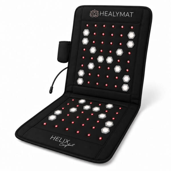 Healymat Frequenzmatte Mini in Schwarz mit sechseckigen Magnetfeldspulen, roten Biophotonen-Lichtpunkten und gepolsterter Sitzfläche.